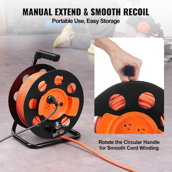 VEVOR Extension Cord Reel 100ft with 4 Outlets and Dust Cover Heavy Duty 12AWG Sjtow Power Cord Manual Cord Reel with Portable Handle Circuit
