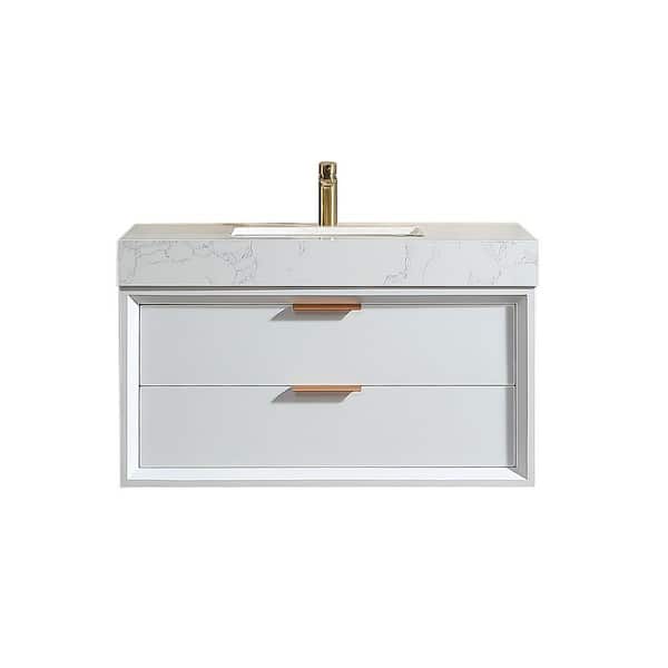 36 in. W x 20.8 in. D x 21.3 in. H Wall Mounted Floating Wood Bath Vanity Cabinet in White with White Stone Resin Top