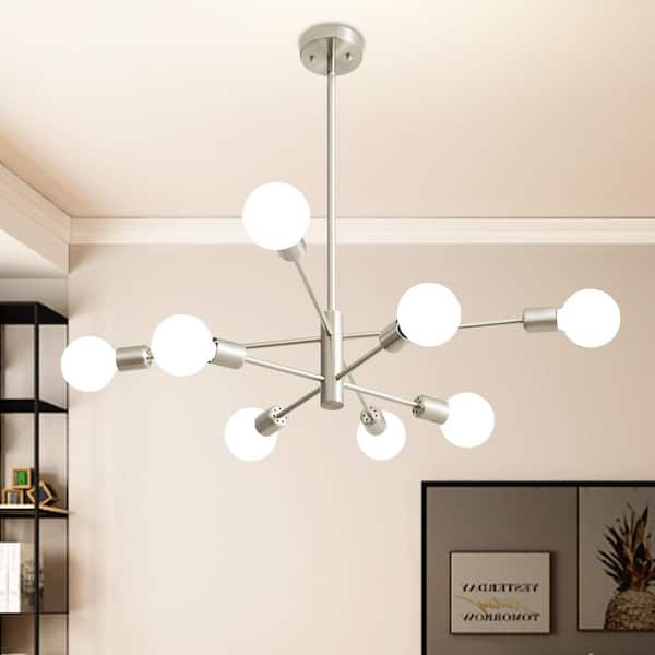 8-Light Vintage Nickel Sputnik Chandelier for Living Room, Mid Century Ceiling Lights without Glass Shade and Bulb