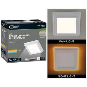 Low Profile 5 in. White Square LED Flush Mount with Night Light Feature J-Box Compatible Dimmable 500 Lumens