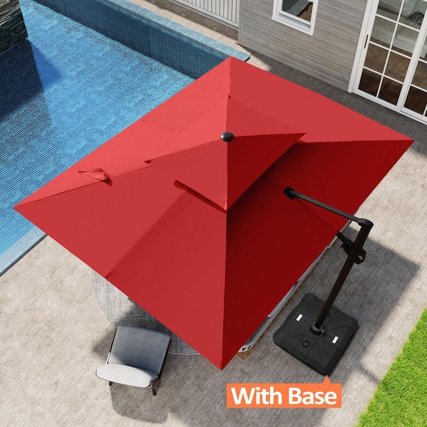Pellebant 9 ft. x 11 ft. Large Outdoor Aluminum Cantilever 360° Rotation Tiltable Patio Umbrella in Red with Base
