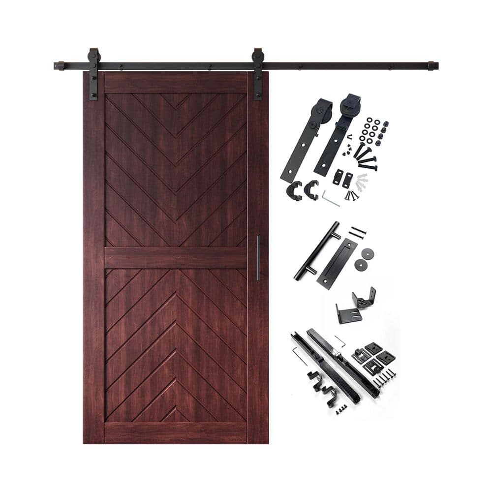 JT4 40 in. x 80 in. C-Panel Red Mahogany Fishbone Design Solid Pine Wood Sliding Barn Door with Hardware Kit price history on PriceWatchPro