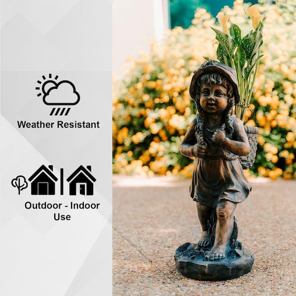 24 in. H Faux Bronze Magnesium Oxide Walking Girl Garden Statue w/Small Flower Plant Pot, Natural Design Sculpture