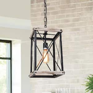 1-Light Antique Black and Distressed Wood Farmhouse Chandelier with Vertical Rectangular Frame for Kitchen Island
