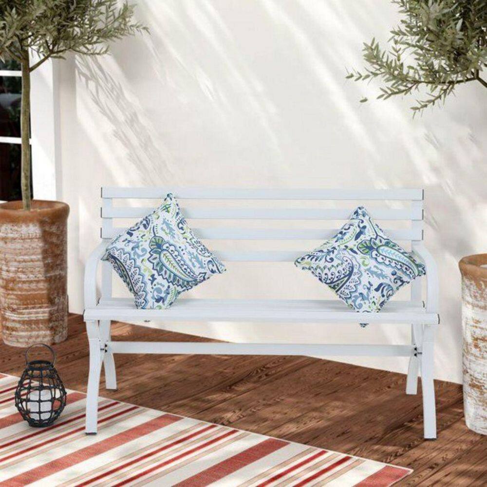 48.8 in. White Modern Board Design Outdoor Metal Bench, Bench