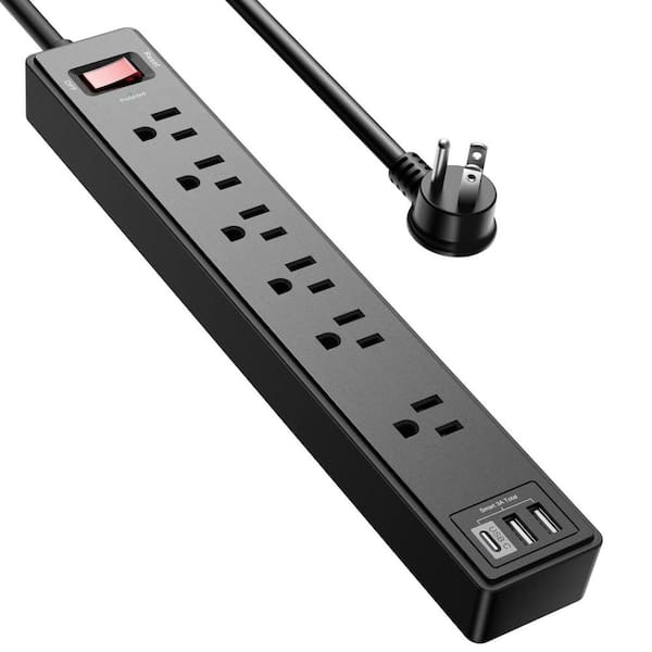 6 ft. Power Strip Surge Protector with 6-Outlet 2-USB-A and C Ports for Home Office Dorm Essentials 1680 Joules Black
