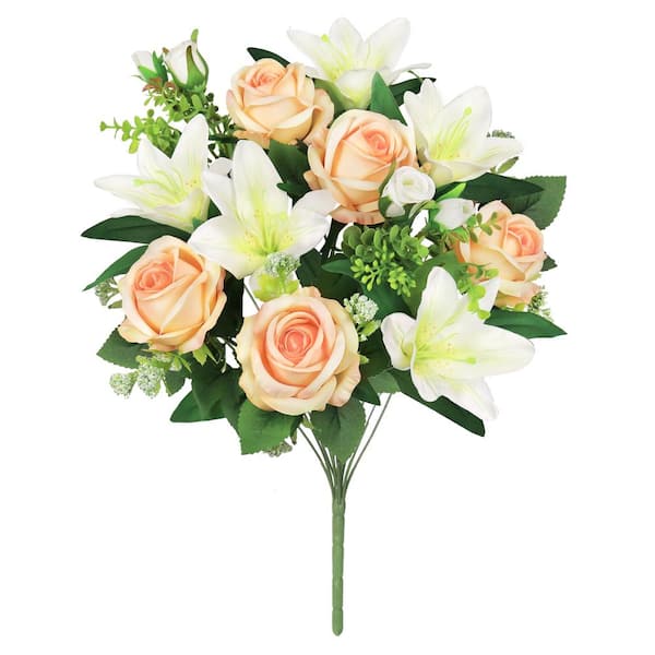 LIVING LUXURY 18 in. Peach Cream Artificial Mixed Rose Stargazer Lily Flower Stem Bush Bouquet (Set of 2)