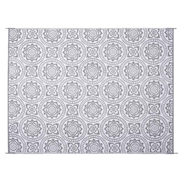 Reversible Mats Boho Floral Reversible Mat Gray/White 8' x 10' Virgin Polypropylene Mat with UV Protection