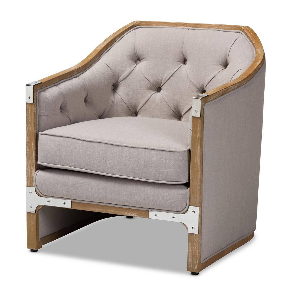 Beige Linen and Oak Barrel Accent Chair