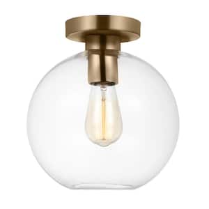 Orley 10 in. 1-Light Satin Brass Transitional Indoor/Outdoor Dimmable Wall or Ceiling Flush Mount with Clear Glass