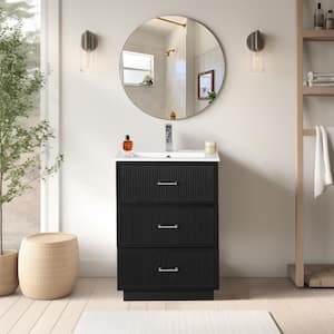 18.25 in. W x 24 in. D x 34.13 in. H 1 Sink Freestanding Bath Vanity in Black with White Ceramic Top and 3-Drawers