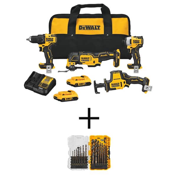 DEWALT ATOMIC 20V MAX Cordless Brushless 4 Tool Combo Kit, Black and Gold Drill Bit Set (21 Piece), and (2) 2.0Ah Batteries DCK489D2W1181 The Home Depot