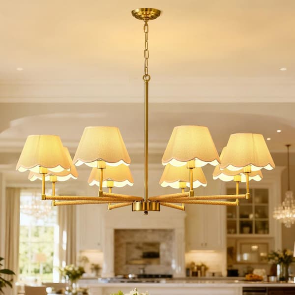8-Lights 38 in. Gold Chandelier w/Rope Plus Fabric Shade,Adjustable Kitchen Island Pendant Light Fixture for Dining Room