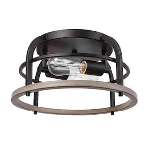 13 in. 2-Light Matte Black Flush Mount Ceiling Light with Faux Wood Accents