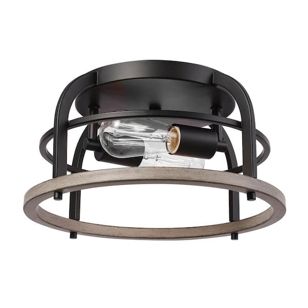 Globe Electric 13 in. 2-Light Matte Black Flush Mount Ceiling Light with Faux Wood Accents
