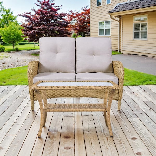 Yellow PE Wicker Outdoor Loveseat with Beige Cushions and Coffee Table
