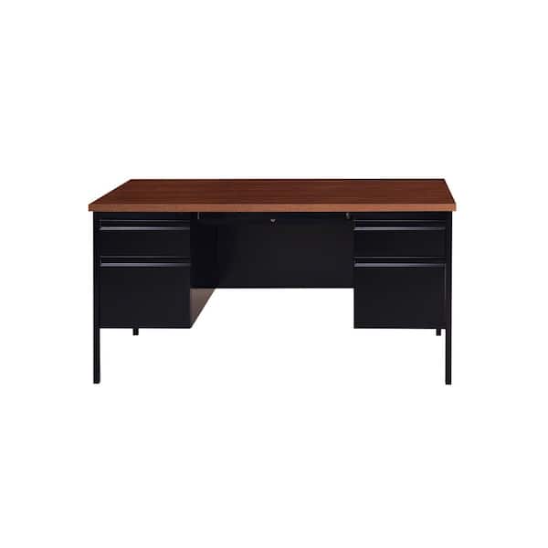 60 in. W x 30 in. D Rectangular Shape Black/Walnut 5-Drawer Executive Desk with Double Pedestal