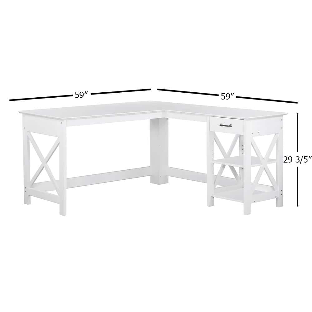 White Wood Corner Writing Desk with Drawer and Filing Cabinet