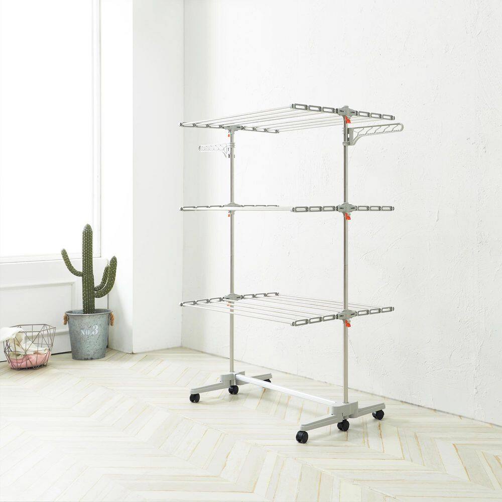 Stainless Steel 3-Tier Foldable Clothes Drying Rack with Adjustable Trays