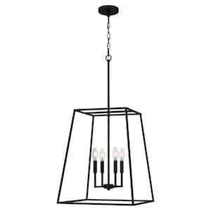 4-Light Matte Black Pendant Light with Open Cage Shade