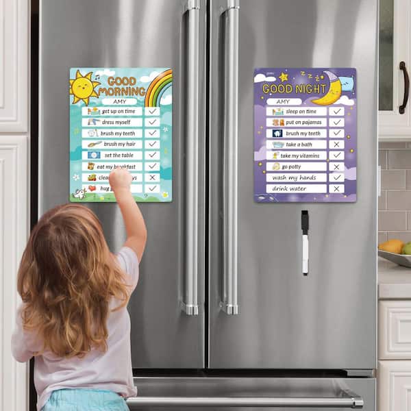 2-Pack Morning and Night Routine Chart for Kids with Dry Erase Surface, 8 in. x 10.5 in. Size, Includes 27-Stickers