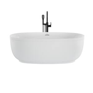 COSI 67 in. Acrylic Freestanding Flatbottom Center Drain Bathtub in White with White Drain and Matte Black Filler