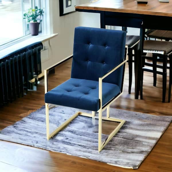 HomeRoots Tufted Navy Blue And Gold Upholstered Velvet Arm Chair (Set Of 2)