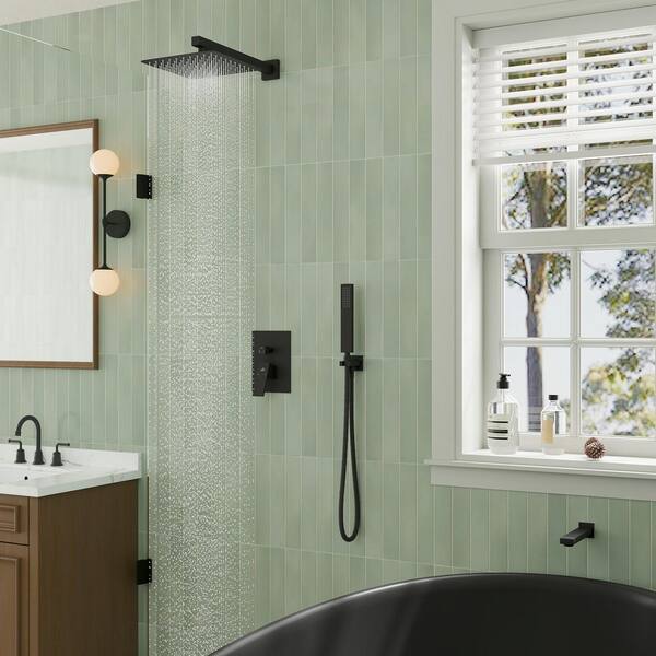 3-Spray Patterns Square 10 in. Wall Mount Dual Shower Heads 2.5 GPM with Tub Faucet in Matte Black