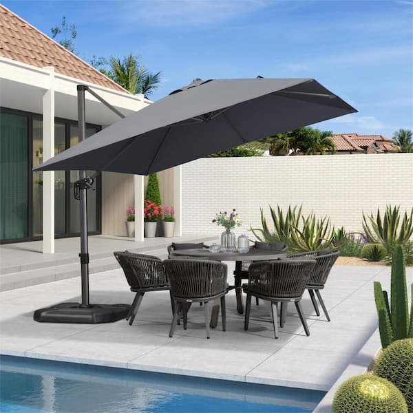 PURPLE LEAF 10 ft. Square Aluminum Outdoor Patio Cantilever Umbrella Offset 360° Rotation Umbrella with Base, Light Gray