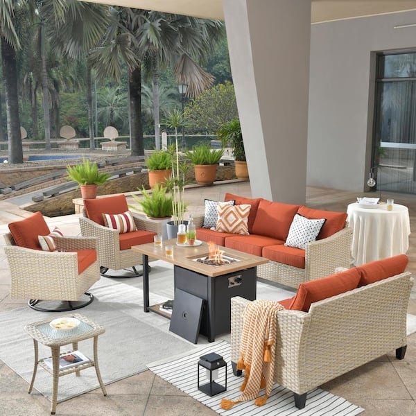weaxty W Camellia E Beige 6-Piece Wicker Patio New Style Fire Pit Seating Set with Orange Red Cushions and Swivel Rocking Chairs