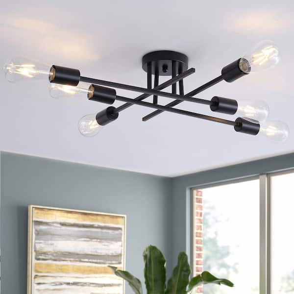 Modern 19.68 in. 6-Light Sputnik Black Semi-Flush Mount Industrial Ceiling Light Fixture