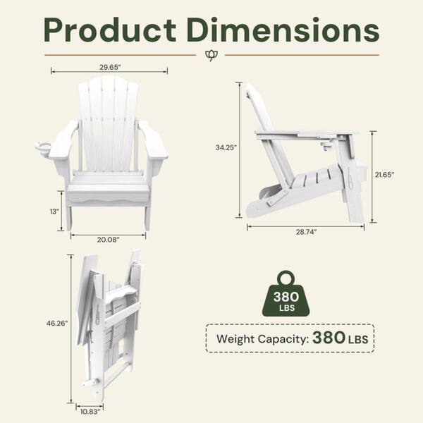Thoeoe White HDPE Outdoor Folding Adirondack Chair with Cup Holder