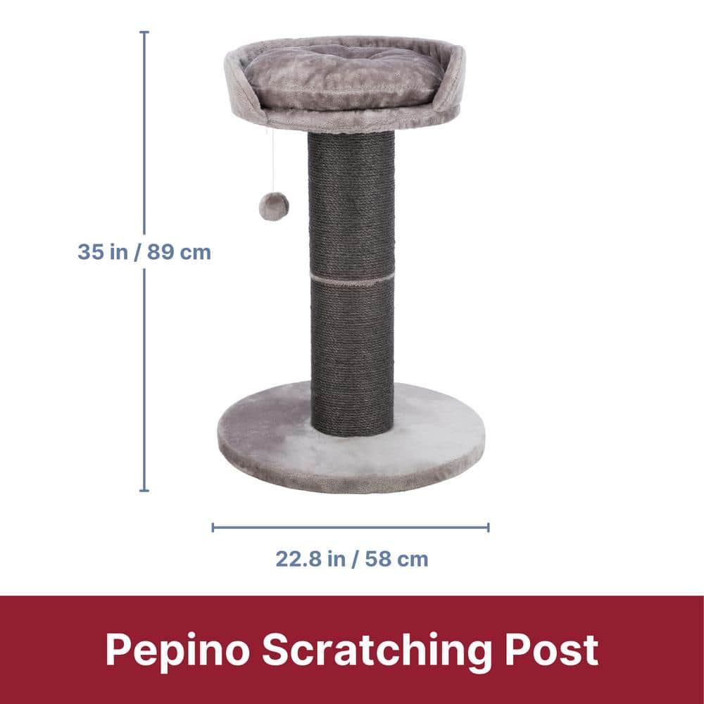 Gray Sisal 35" Cat Scratching Post with Plush Bed and Toy