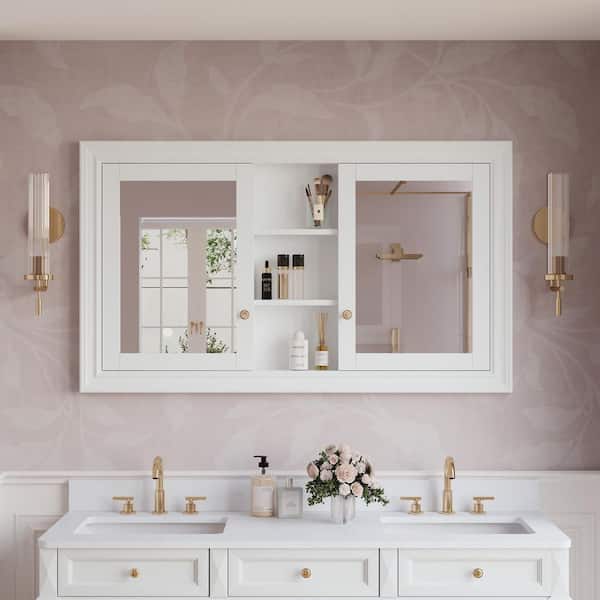 ANGELES HOME 55 in. W x 32 in. Rectangular Solid Wood Recessed Medicine Cabinet with Mirror in White,Soft Close,Adjustable Shelves