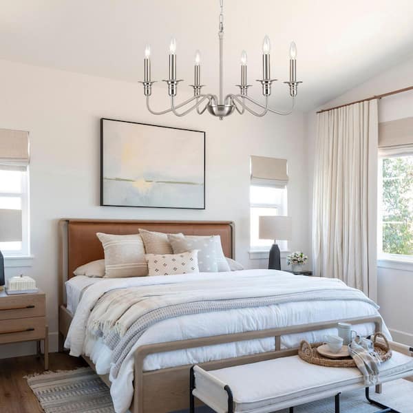 6-Light Nickel Candlestick Hanging Ceiling Light Fixture Linear Chandelier Lighting for Kitchen Island