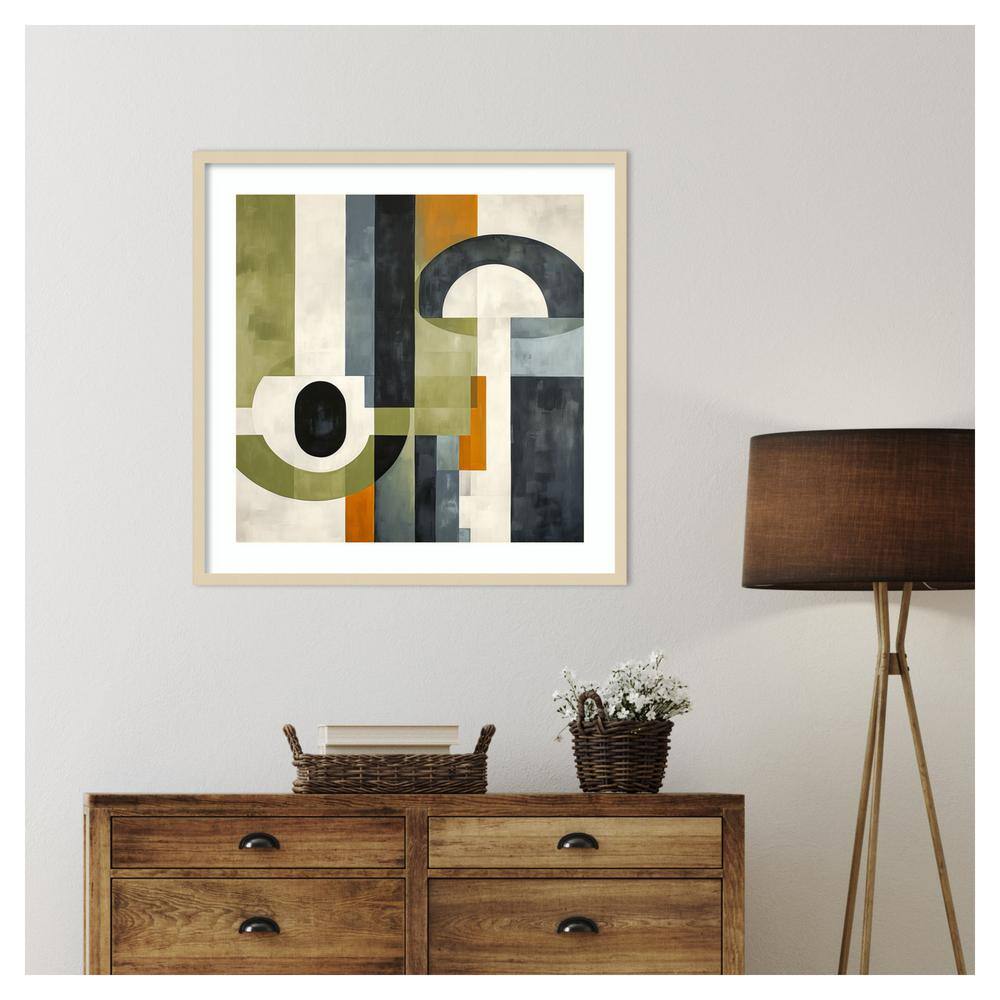 Sage Green and Orange Geometric Abstract 33"x33" Wood Framed Wall Art