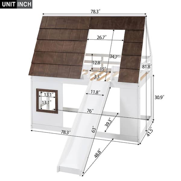 White Wood Frame Twin Size House Bunk Bed with Brown Roof, Built-in Ladder and Slide