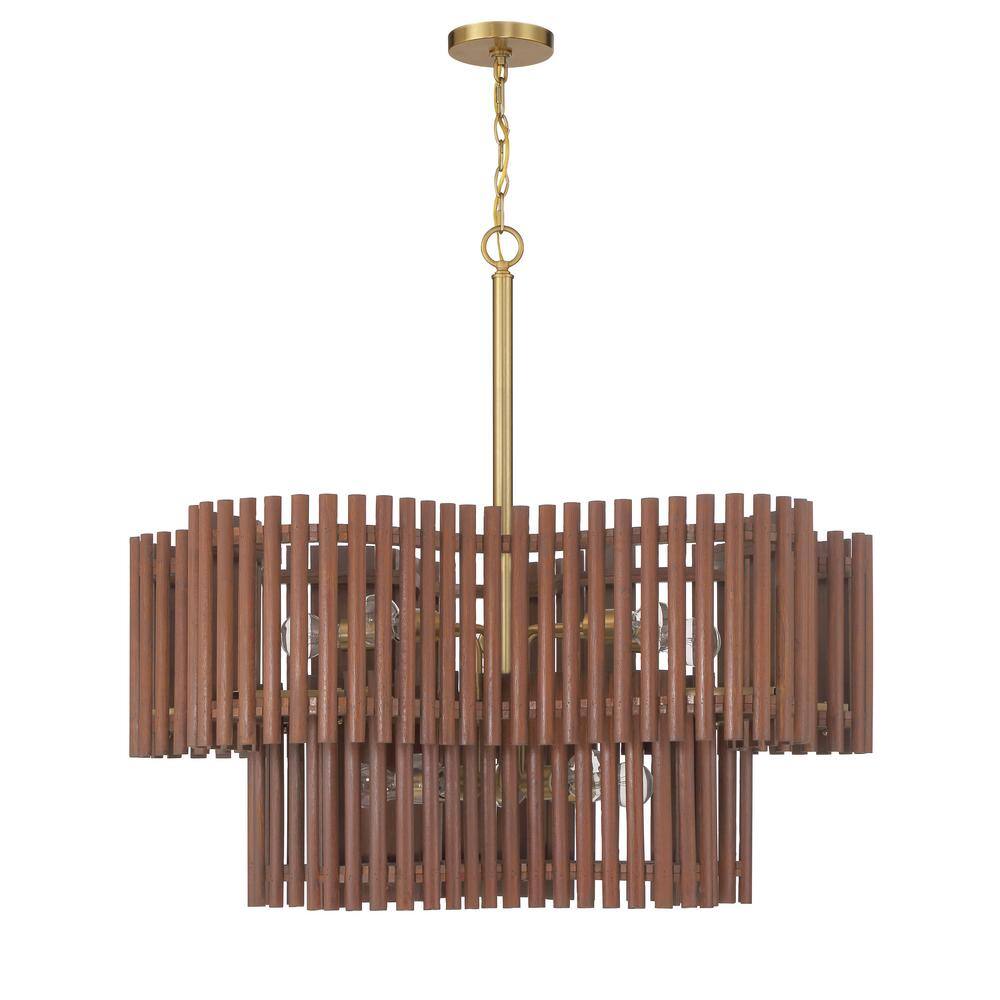 Satin Brass and Walnut 10-Light Wooden Chandelier