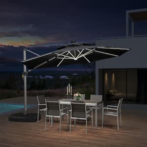 12 ft. Octagon Aluminum Solar Powered LED Patio Cantilever Offset Umbrella with Wheels Base, Gray