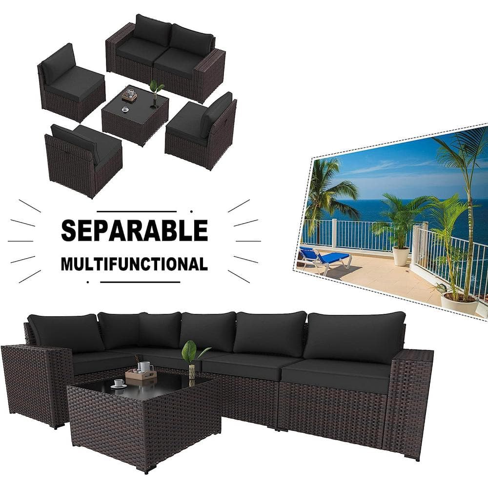 6-Piece Brown Wicker Outdoor Sectional Set with Black Cushions