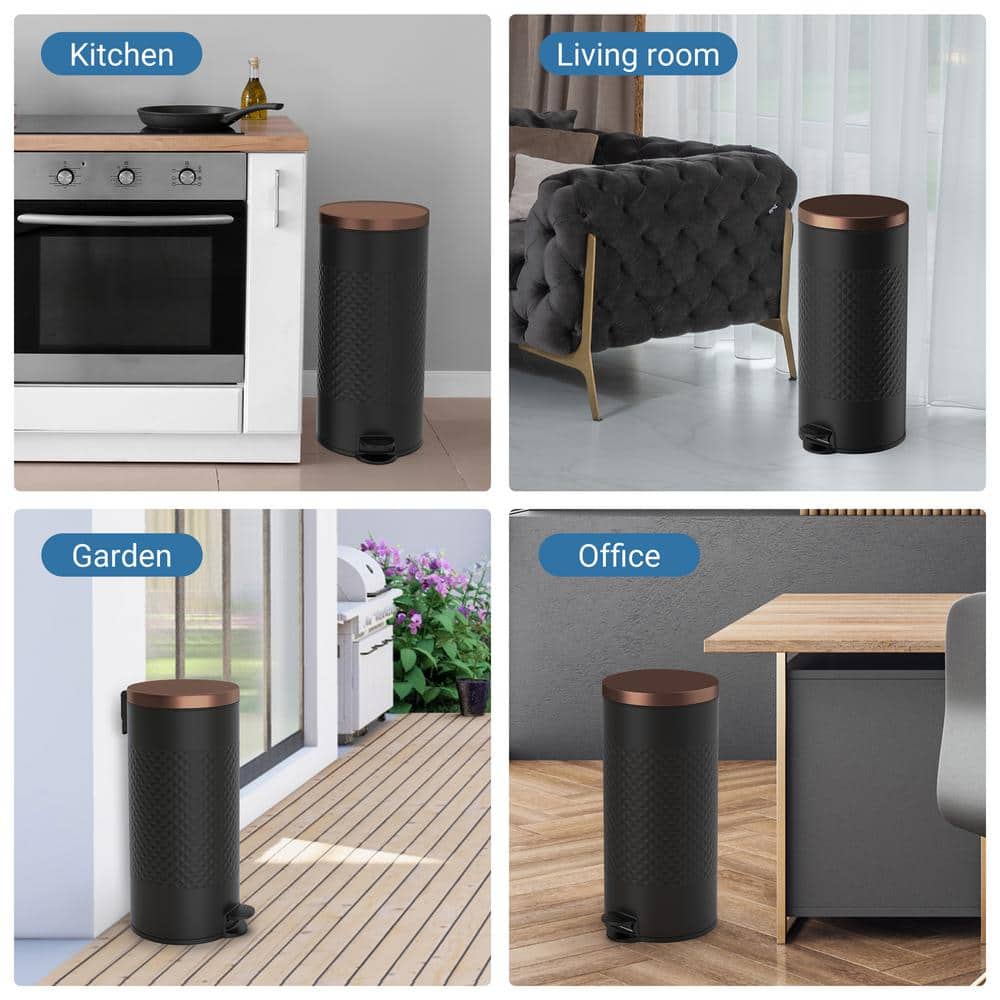 Black Stainless Steel Pedal Trash Can with Copper Lid - 8 Gallons