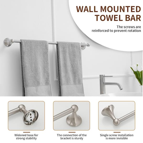 Traditional 24 in. Wall Mounted Bathroom Accessories Towel Bar Space Saving and Easy to Install in Brushed Nickel