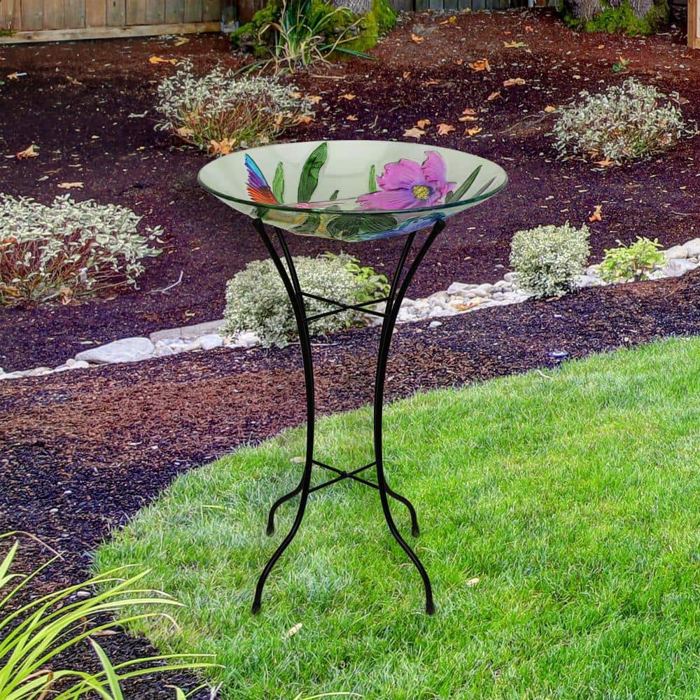 Colorful Glass Birdbath with Metal Stand, 18"