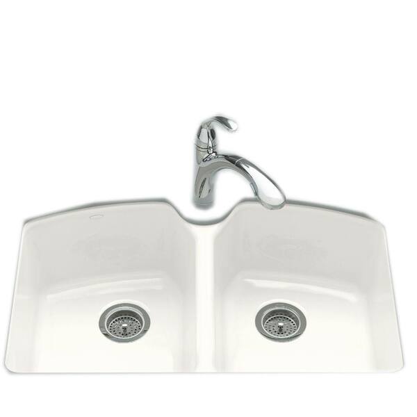 KOHLER Tanager Undermount Cast-Iron 33 in. 3-Hole Double Bowl Kitchen Sink in White