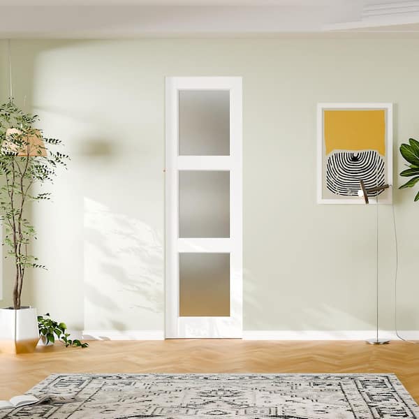 24 in. x 80 in. 3-Lite, Frosted Glass, Solid Core, DIY Painted, White Primed, MDF Sliding Door with All Hardware