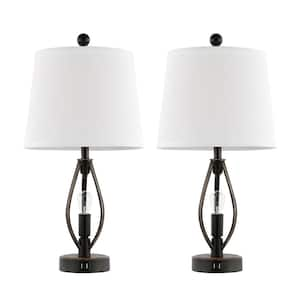 22 in. Black Farmhouse Table Lamp Set with USB Ports (Set of 2)