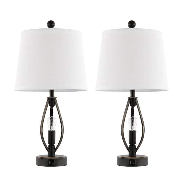MLiAN 22 in. Black Farmhouse Table Lamp Set with USB Ports (Set of 2)