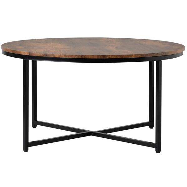 Qualfurn 35 In Rustic Brown Round Wood, Round Wood Table Tops Home Depot
