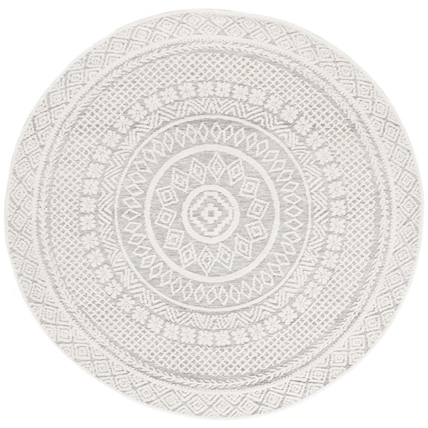 SAFAVIEH Audrey 6 ft. x 6 ft. Gray/Ivory Diamond Border Round Area Rug