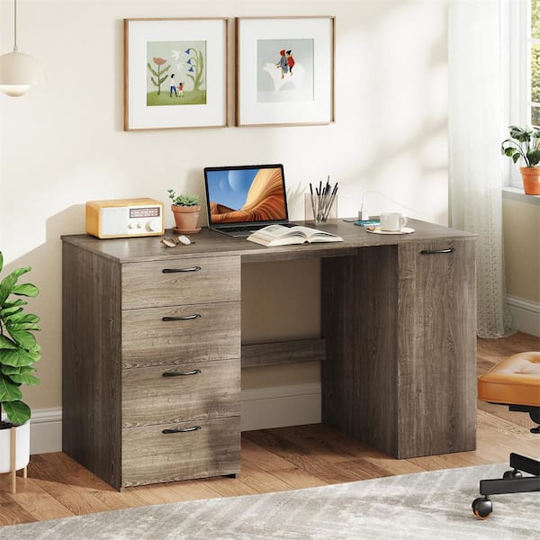 Costway 53 in. Gray + Black 4 Storage Drawers Computer Desk with